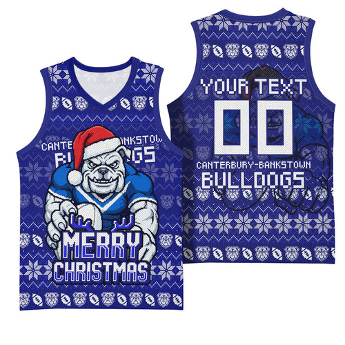 Personalized Canterbury Bulldogs Christmas Basketball Jersey Australian Rugby Fans - Pixelated Ugly Xmas Pattern Mascot Santa