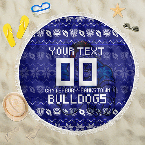 Personalized Canterbury Bulldogs Christmas Beach Blanket Australian Rugby Fans - Pixelated Ugly Xmas Pattern Mascot Santa