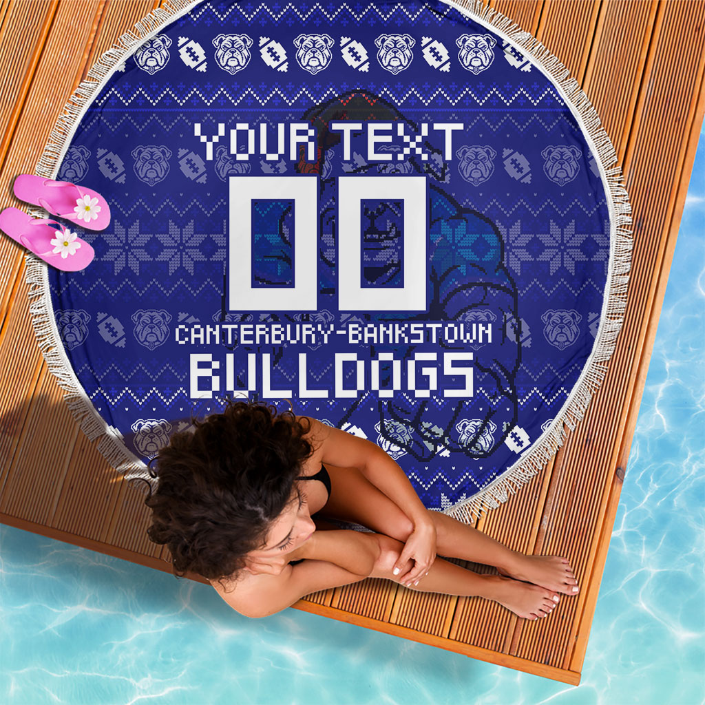 Personalized Canterbury Bulldogs Christmas Beach Blanket Australian Rugby Fans - Pixelated Ugly Xmas Pattern Mascot Santa