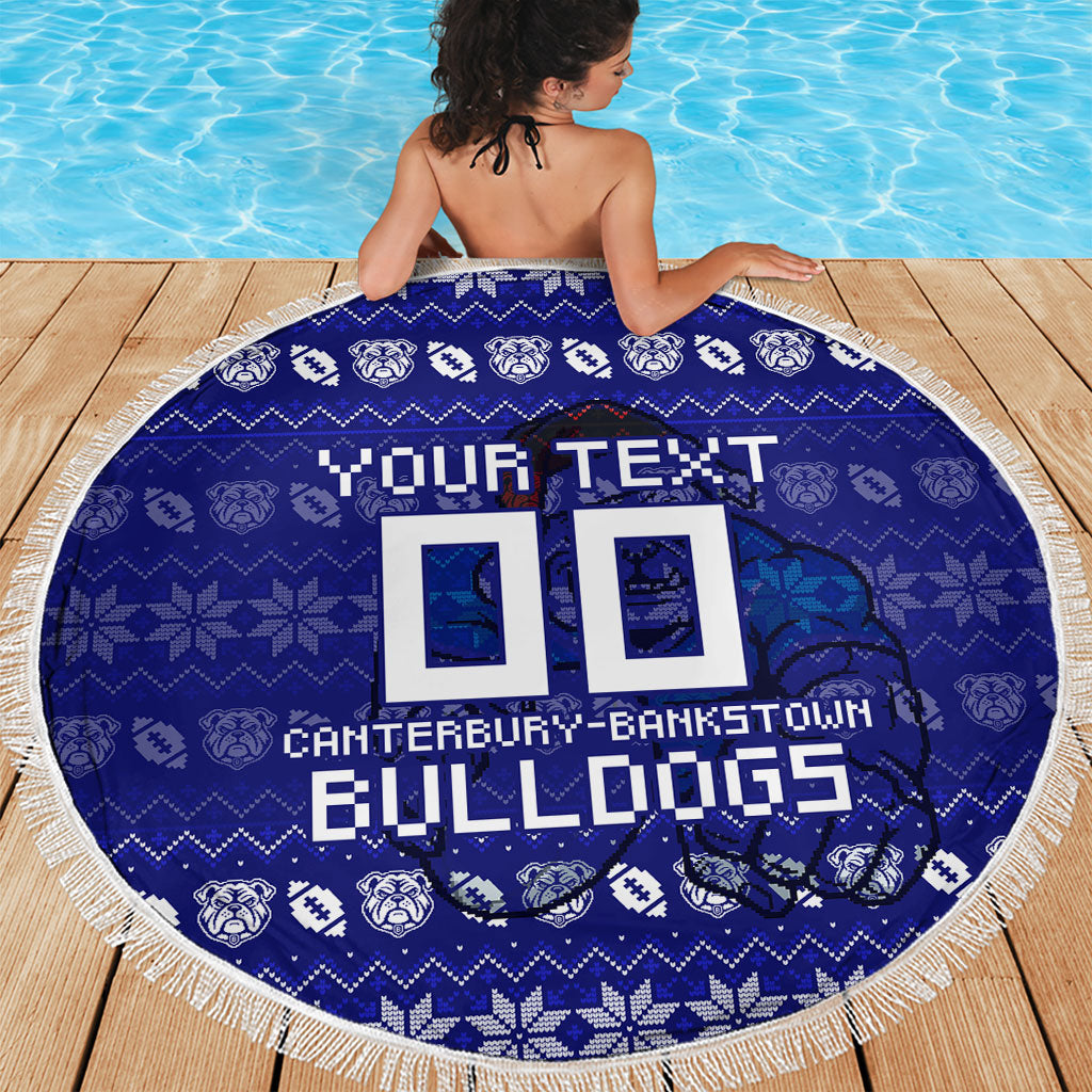 Personalized Canterbury Bulldogs Christmas Beach Blanket Australian Rugby Fans - Pixelated Ugly Xmas Pattern Mascot Santa