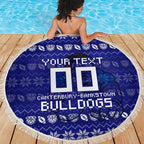 Personalized Canterbury Bulldogs Christmas Beach Blanket Australian Rugby Fans - Pixelated Ugly Xmas Pattern Mascot Santa