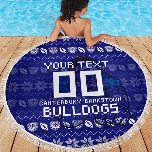 Personalized Canterbury Bulldogs Christmas Beach Blanket Australian Rugby Fans - Pixelated Ugly Xmas Pattern Mascot Santa
