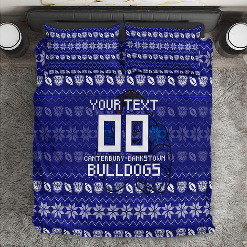 Personalized Canterbury Bulldogs Christmas Bedding Set Australian Rugby Fans - Pixelated Ugly Xmas Pattern Mascot Santa