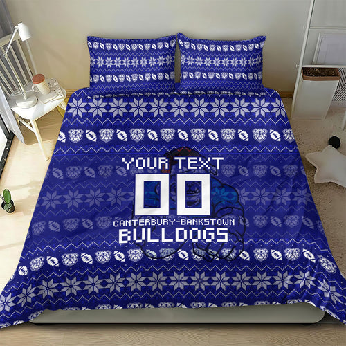 Personalized Canterbury Bulldogs Christmas Bedding Set Australian Rugby Fans - Pixelated Ugly Xmas Pattern Mascot Santa