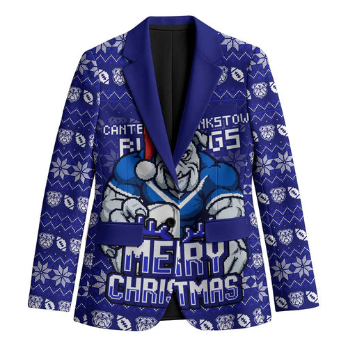 Personalized Canterbury Bulldogs Christmas Blazer Australian Rugby Fans - Pixelated Ugly Xmas Pattern Mascot Santa
