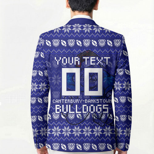 Personalized Canterbury Bulldogs Christmas Blazer Australian Rugby Fans - Pixelated Ugly Xmas Pattern Mascot Santa