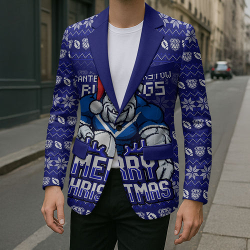 Personalized Canterbury Bulldogs Christmas Blazer Australian Rugby Fans - Pixelated Ugly Xmas Pattern Mascot Santa