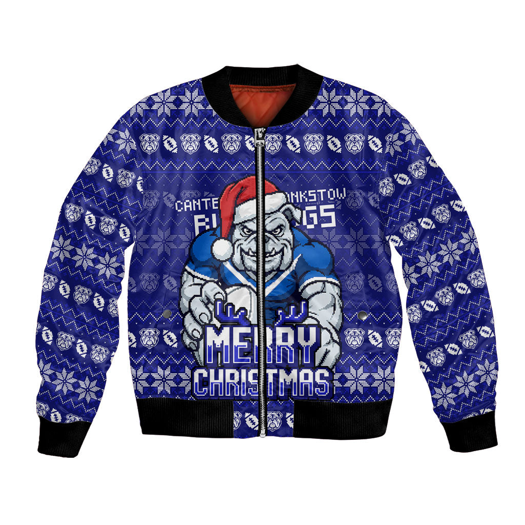 Personalized Canterbury Bulldogs Christmas Bomber Jacket Australian Rugby Fans - Pixelated Ugly Xmas Pattern Mascot Santa