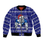 Personalized Canterbury Bulldogs Christmas Bomber Jacket Australian Rugby Fans - Pixelated Ugly Xmas Pattern Mascot Santa