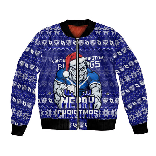 Personalized Canterbury Bulldogs Christmas Bomber Jacket Australian Rugby Fans - Pixelated Ugly Xmas Pattern Mascot Santa