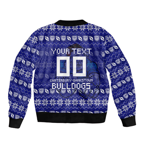 Personalized Canterbury Bulldogs Christmas Bomber Jacket Australian Rugby Fans - Pixelated Ugly Xmas Pattern Mascot Santa