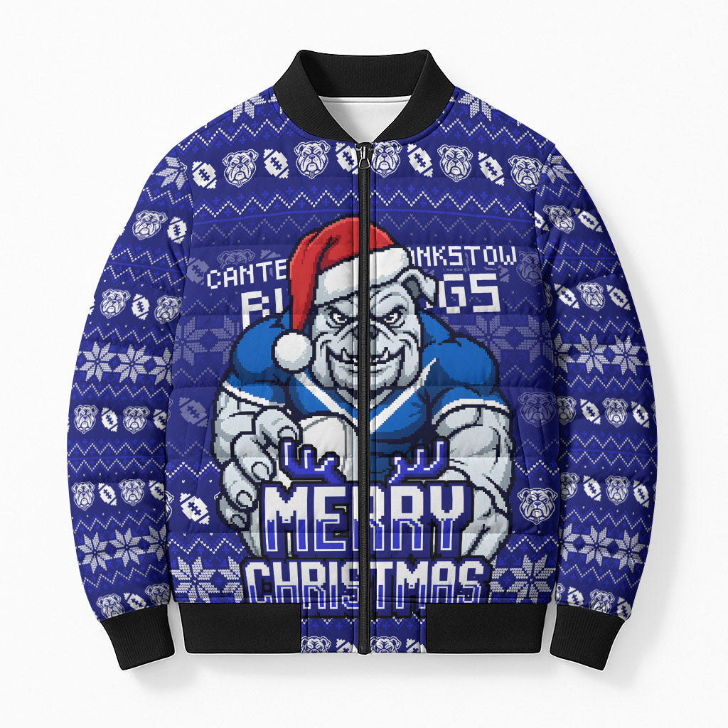 Personalized Canterbury Bulldogs Christmas Bomber Puffer Jacket Australian Rugby Fans - Pixelated Ugly Xmas Pattern Mascot Santa