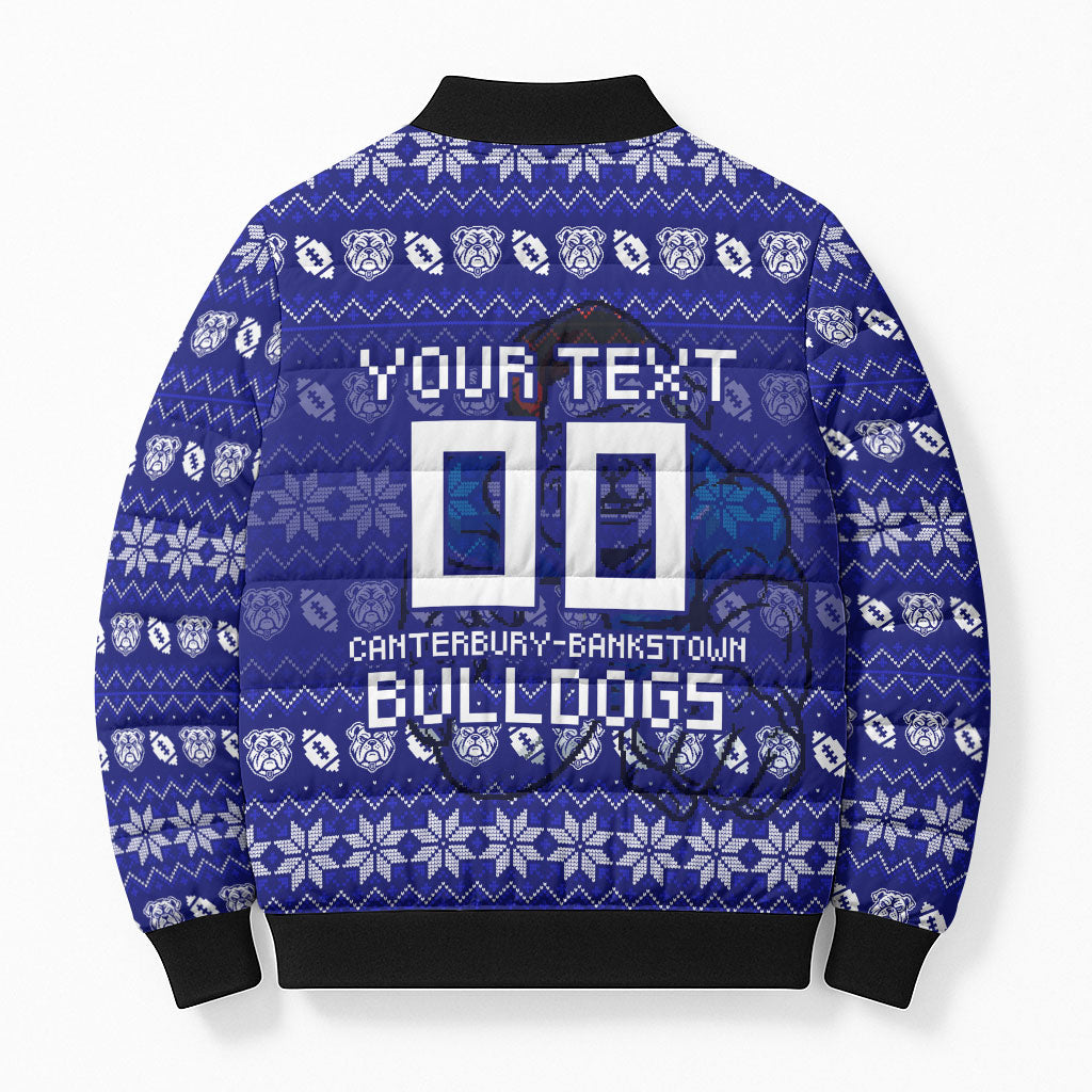 Personalized Canterbury Bulldogs Christmas Bomber Puffer Jacket Australian Rugby Fans - Pixelated Ugly Xmas Pattern Mascot Santa