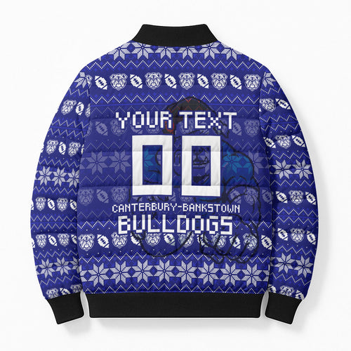 Personalized Canterbury Bulldogs Christmas Bomber Puffer Jacket Australian Rugby Fans - Pixelated Ugly Xmas Pattern Mascot Santa