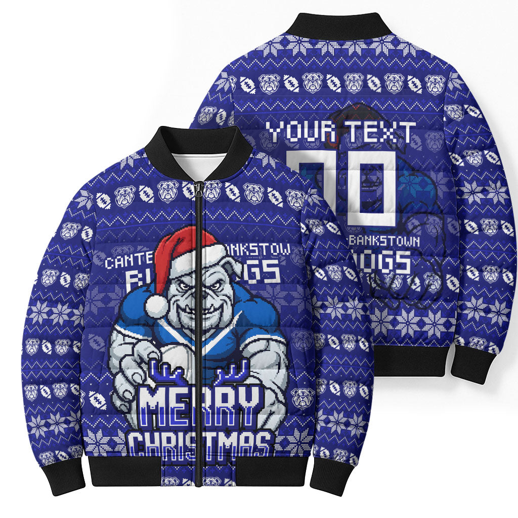 Personalized Canterbury Bulldogs Christmas Bomber Puffer Jacket Australian Rugby Fans - Pixelated Ugly Xmas Pattern Mascot Santa