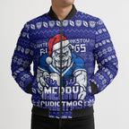 Personalized Canterbury Bulldogs Christmas Bomber Puffer Jacket Australian Rugby Fans - Pixelated Ugly Xmas Pattern Mascot Santa