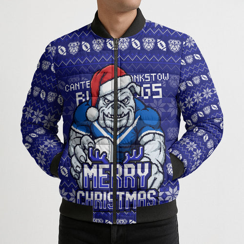 Personalized Canterbury Bulldogs Christmas Bomber Puffer Jacket Australian Rugby Fans - Pixelated Ugly Xmas Pattern Mascot Santa