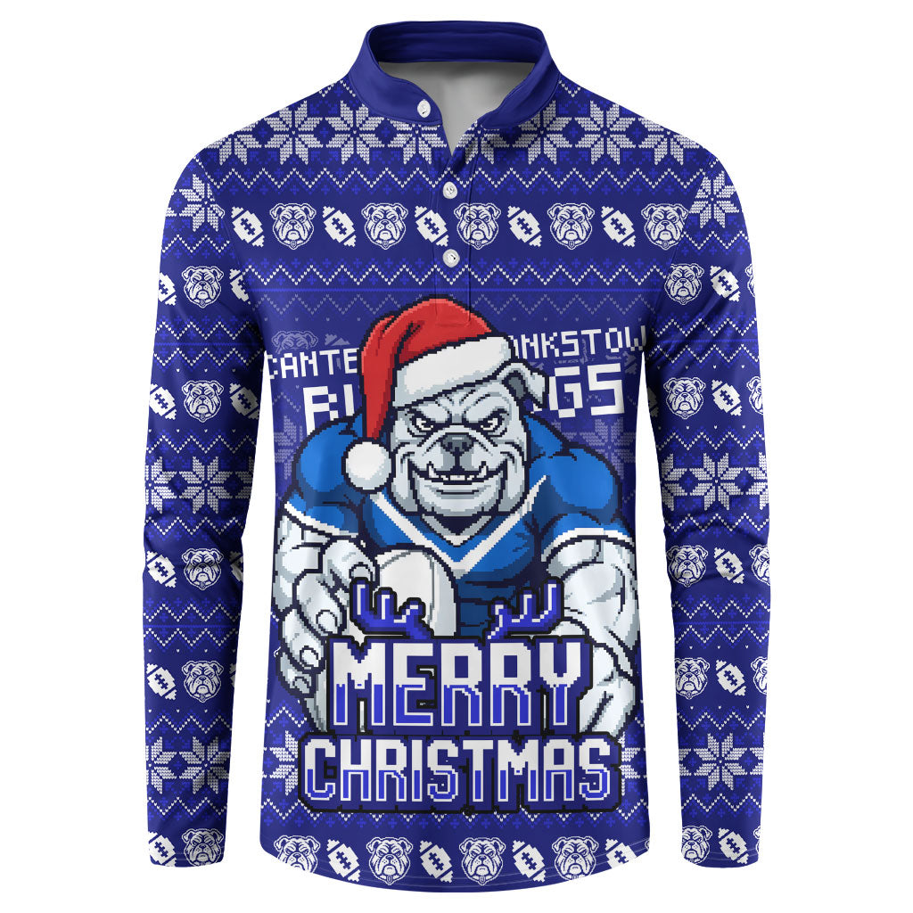 Personalized Canterbury Bulldogs Christmas Button Sweatshirt Australian Rugby Fans - Pixelated Ugly Xmas Pattern Mascot Santa