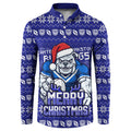 Personalized Canterbury Bulldogs Christmas Button Sweatshirt Australian Rugby Fans - Pixelated Ugly Xmas Pattern Mascot Santa