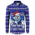 Personalized Canterbury Bulldogs Christmas Button Sweatshirt Australian Rugby Fans - Pixelated Ugly Xmas Pattern Mascot Santa