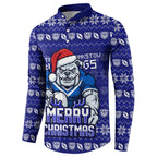 Personalized Canterbury Bulldogs Christmas Button Sweatshirt Australian Rugby Fans - Pixelated Ugly Xmas Pattern Mascot Santa