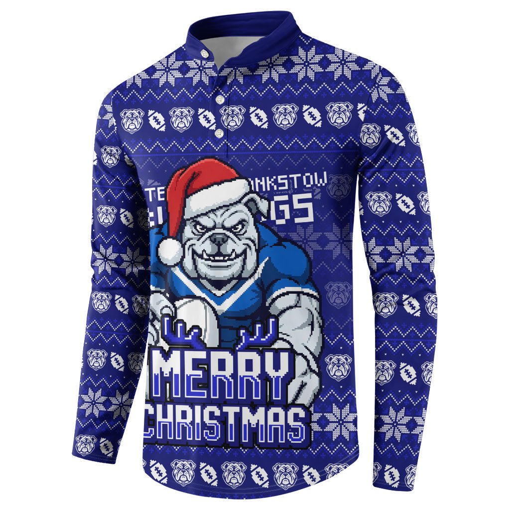 Personalized Canterbury Bulldogs Christmas Button Sweatshirt Australian Rugby Fans - Pixelated Ugly Xmas Pattern Mascot Santa