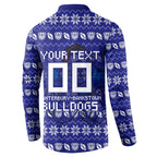 Personalized Canterbury Bulldogs Christmas Button Sweatshirt Australian Rugby Fans - Pixelated Ugly Xmas Pattern Mascot Santa