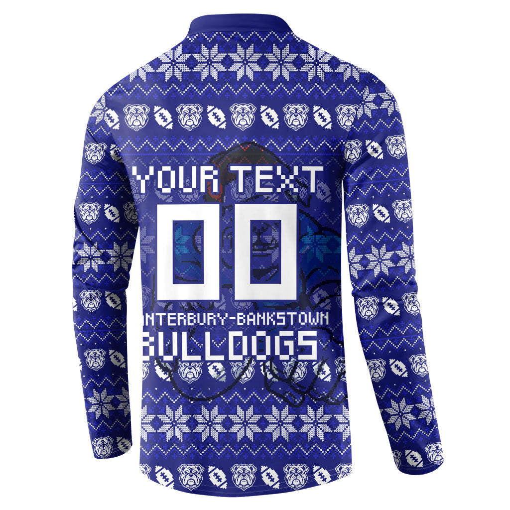 Personalized Canterbury Bulldogs Christmas Button Sweatshirt Australian Rugby Fans - Pixelated Ugly Xmas Pattern Mascot Santa