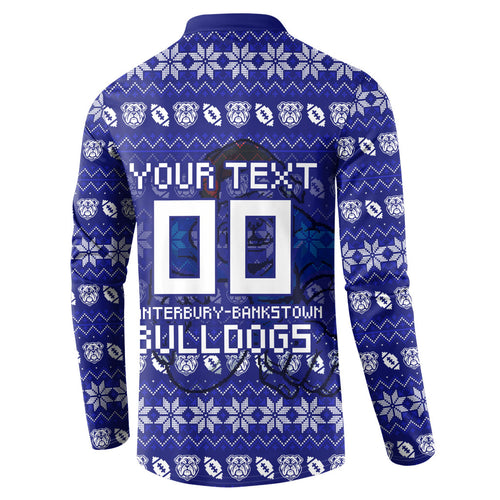 Personalized Canterbury Bulldogs Christmas Button Sweatshirt Australian Rugby Fans - Pixelated Ugly Xmas Pattern Mascot Santa