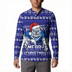 Personalized Canterbury Bulldogs Christmas Button Sweatshirt Australian Rugby Fans - Pixelated Ugly Xmas Pattern Mascot Santa