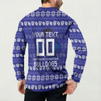 Personalized Canterbury Bulldogs Christmas Button Sweatshirt Australian Rugby Fans - Pixelated Ugly Xmas Pattern Mascot Santa