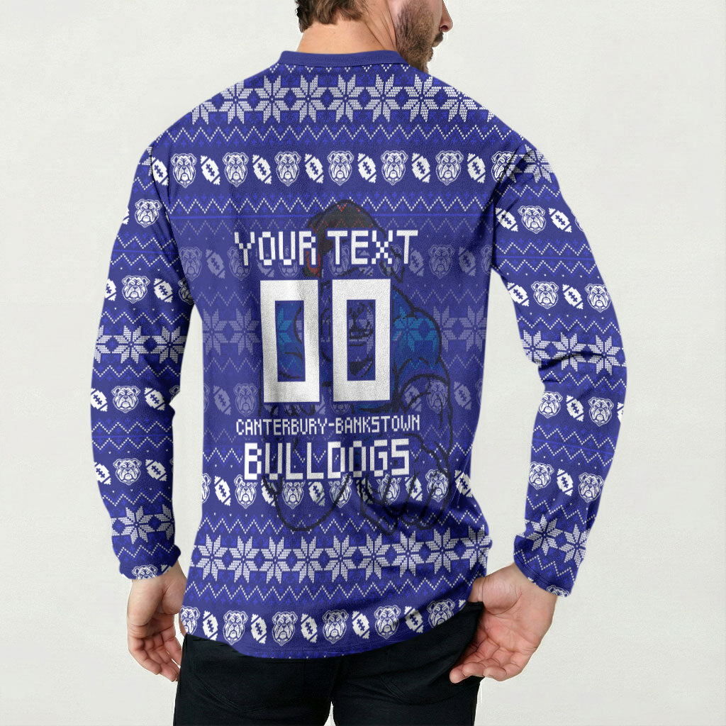 Personalized Canterbury Bulldogs Christmas Button Sweatshirt Australian Rugby Fans - Pixelated Ugly Xmas Pattern Mascot Santa