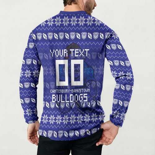 Personalized Canterbury Bulldogs Christmas Button Sweatshirt Australian Rugby Fans - Pixelated Ugly Xmas Pattern Mascot Santa
