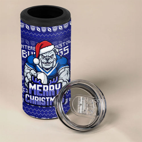 Personalized Canterbury Bulldogs Christmas 4 in 1 Can Cooler Tumbler Australian Rugby Fans - Pixelated Ugly Xmas Pattern Mascot Santa