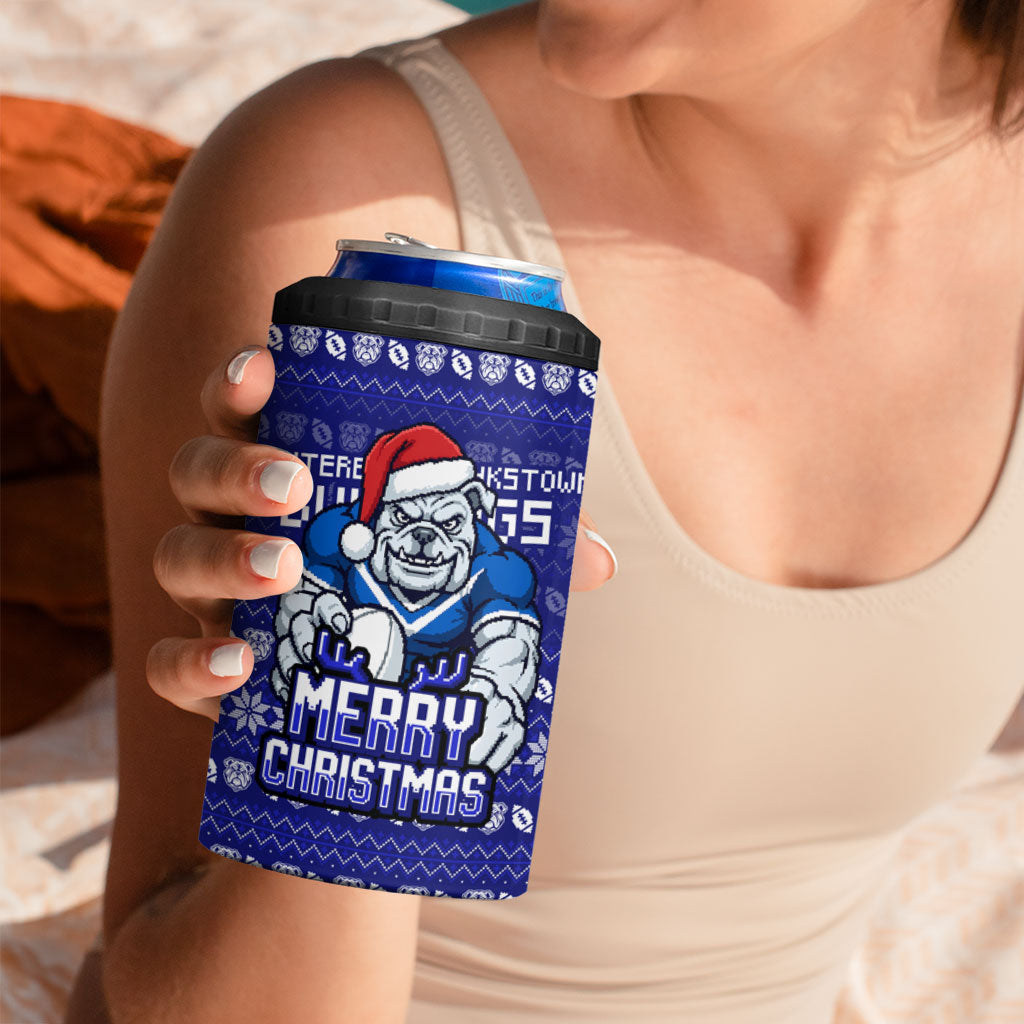 Personalized Canterbury Bulldogs Christmas 4 in 1 Can Cooler Tumbler Australian Rugby Fans - Pixelated Ugly Xmas Pattern Mascot Santa