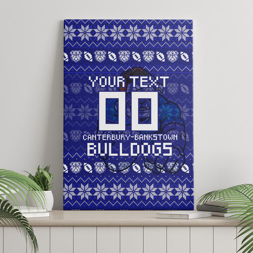 Personalized Canterbury Bulldogs Christmas Canvas Wall Art Australian Rugby Fans - Pixelated Ugly Xmas Pattern Mascot Santa