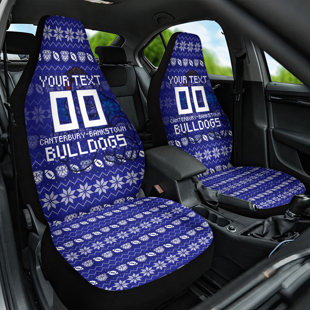 Personalized Canterbury Bulldogs Christmas Car Seat Cover Australian Rugby Fans - Pixelated Ugly Xmas Pattern Mascot Santa