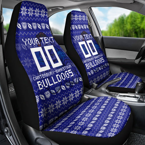Personalized Canterbury Bulldogs Christmas Car Seat Cover Australian Rugby Fans - Pixelated Ugly Xmas Pattern Mascot Santa