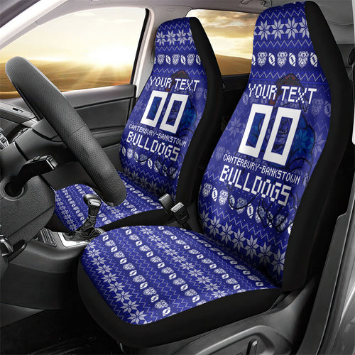 Personalized Canterbury Bulldogs Christmas Car Seat Cover Australian Rugby Fans - Pixelated Ugly Xmas Pattern Mascot Santa