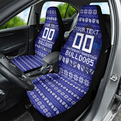 Personalized Canterbury Bulldogs Christmas Car Seat Cover Australian Rugby Fans - Pixelated Ugly Xmas Pattern Mascot Santa