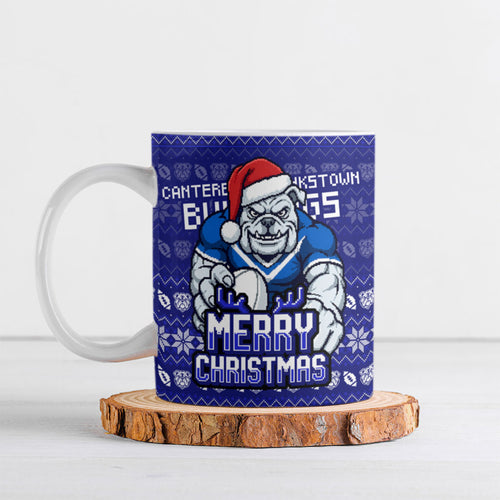 Personalized Canterbury Bulldogs Christmas Ceramic Mug Australian Rugby Fans - Pixelated Ugly Xmas Pattern Mascot Santa