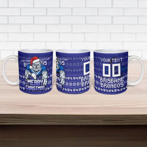 Personalized Canterbury Bulldogs Christmas Ceramic Mug Australian Rugby Fans - Pixelated Ugly Xmas Pattern Mascot Santa