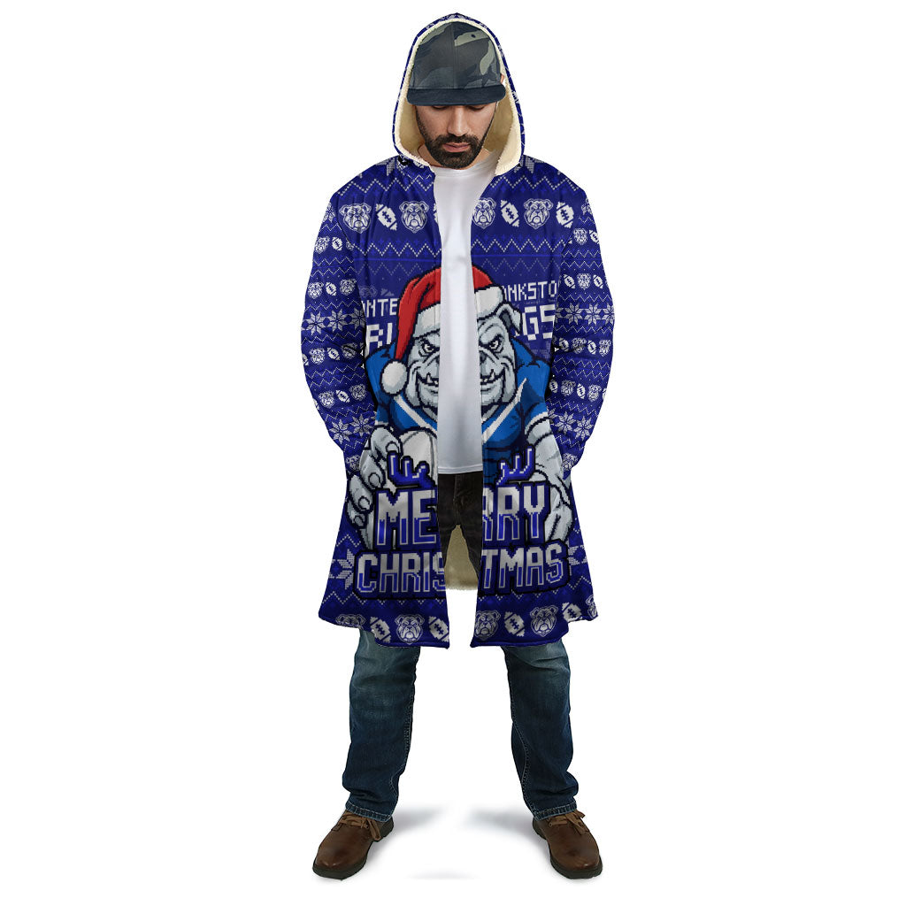 Personalized Canterbury Bulldogs Christmas Cloak Australian Rugby Fans - Pixelated Ugly Xmas Pattern Mascot Santa