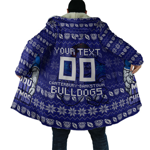Personalized Canterbury Bulldogs Christmas Cloak Australian Rugby Fans - Pixelated Ugly Xmas Pattern Mascot Santa