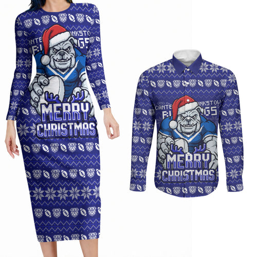 Personalized Canterbury Bulldogs Christmas Couples Matching Long Sleeve Bodycon Dress and Long Sleeve Button Shirt Australian Rugby Fans - Pixelated Ugly Xmas Pattern Mascot Santa