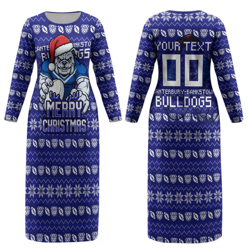 Personalized Canterbury Bulldogs Christmas Couples Matching Long Sleeve Bodycon Dress and Long Sleeve Button Shirt Australian Rugby Fans - Pixelated Ugly Xmas Pattern Mascot Santa
