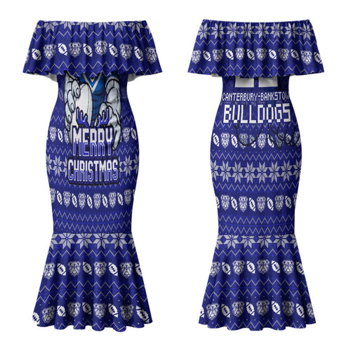 Personalized Canterbury Bulldogs Christmas Couples Matching Mermaid Dress and Long Sleeve Button Shirt Australian Rugby Fans - Pixelated Ugly Xmas Pattern Mascot Santa