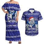Personalized Canterbury Bulldogs Christmas Couples Matching Off Shoulder Maxi Dress and Hawaiian Shirt Australian Rugby Fans - Pixelated Ugly Xmas Pattern Mascot Santa