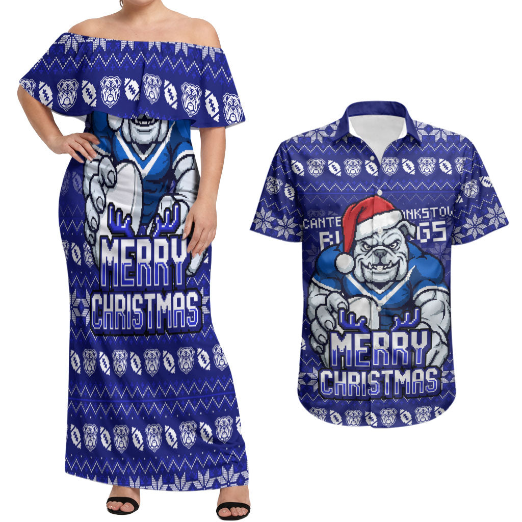 Personalized Canterbury Bulldogs Christmas Couples Matching Off Shoulder Maxi Dress and Hawaiian Shirt Australian Rugby Fans - Pixelated Ugly Xmas Pattern Mascot Santa