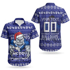 Personalized Canterbury Bulldogs Christmas Couples Matching Off Shoulder Maxi Dress and Hawaiian Shirt Australian Rugby Fans - Pixelated Ugly Xmas Pattern Mascot Santa